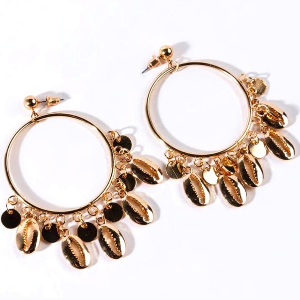 Gold Seashell Dangling Disc Hoop Earrings